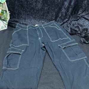 Black Ultra Stretchy Juniors Cargo Pants with White Stitching